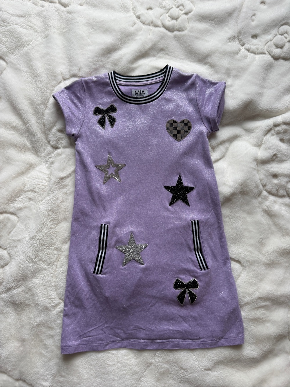 MIA New York Lavender Shimmer Dress Star Bow Heart Appliqué Striped Trim Girls